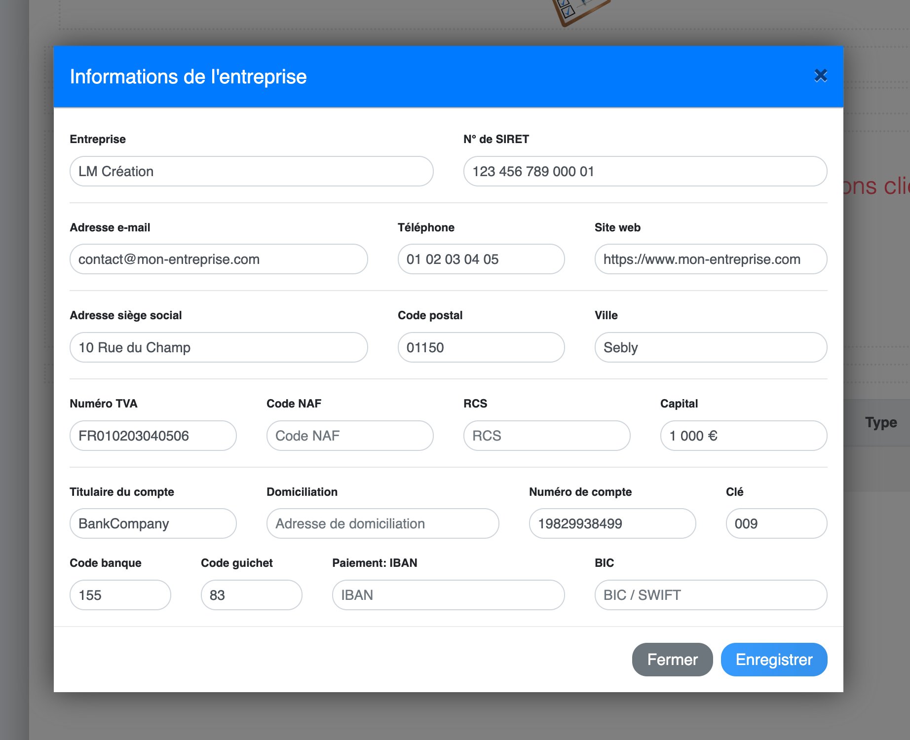 Configuration des informations d'entreprise